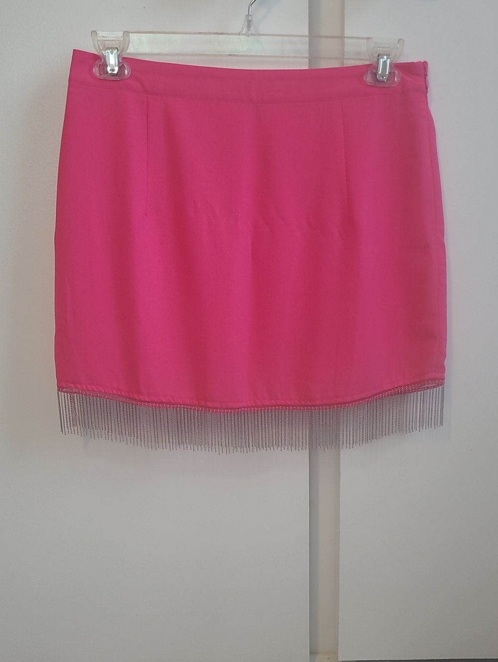 Bright Pink Fringe Hem Mini Skirt w/ Side Zip Closure